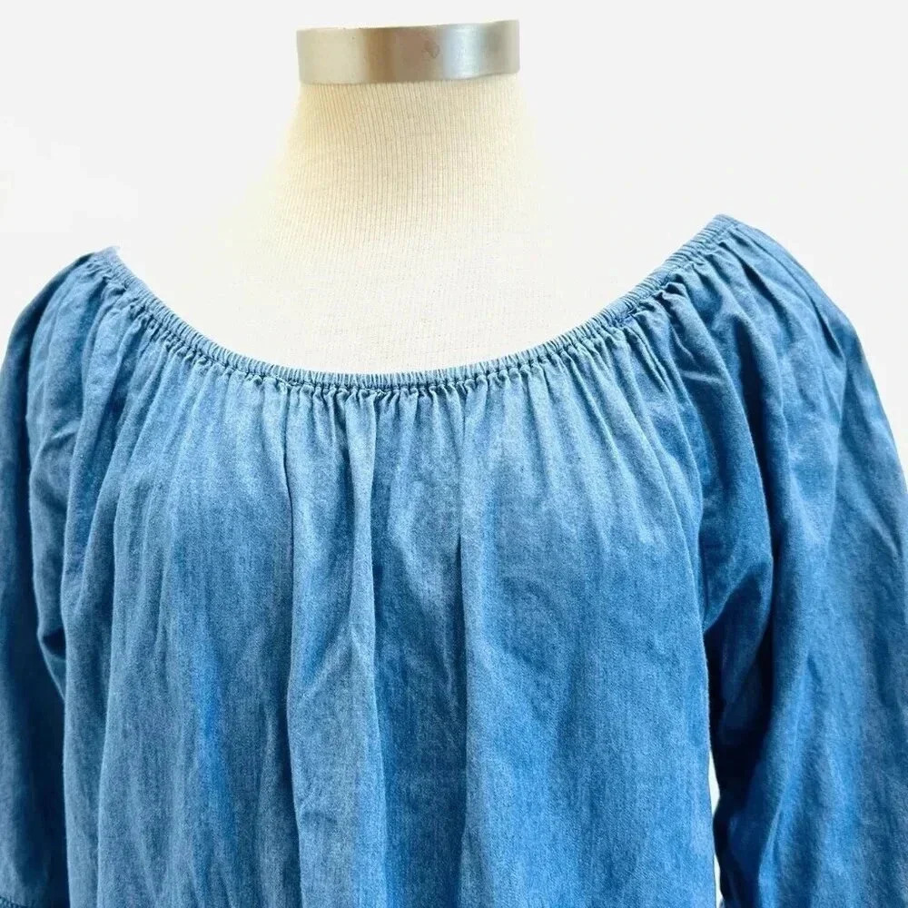 Women 3/4 Sleeve Pull Over Off the Shoulder Pom-Pom Blue Tunic Shirt Size Large - Picture 2 of 11